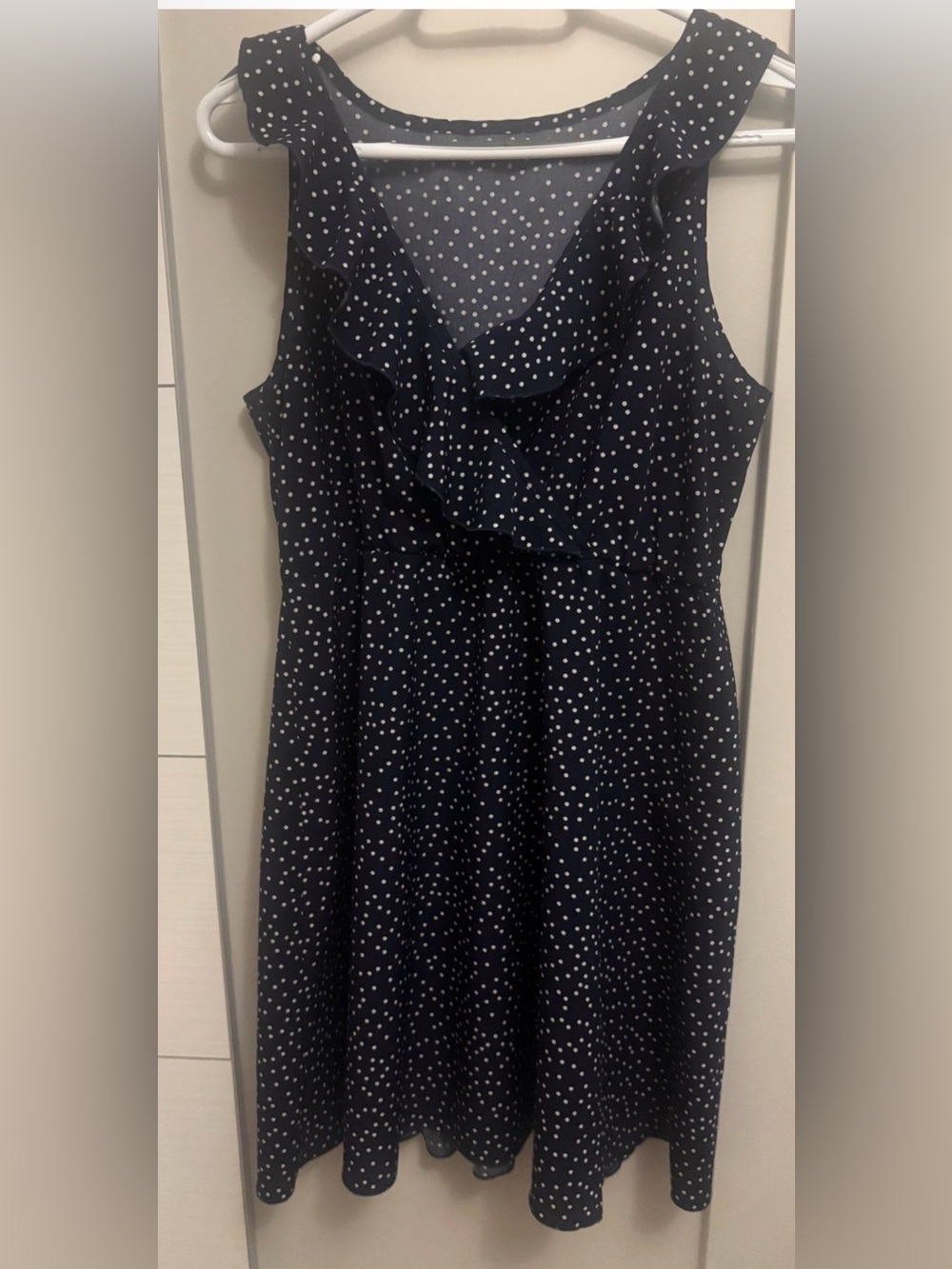 Navy Polka Dot Ruffle Front Dress